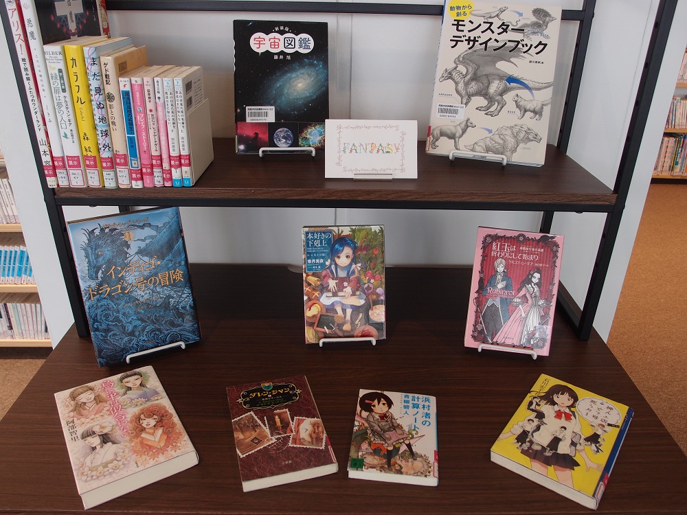 ティーンズ展示の写真。ファンタジーに関する本が並んでいる。