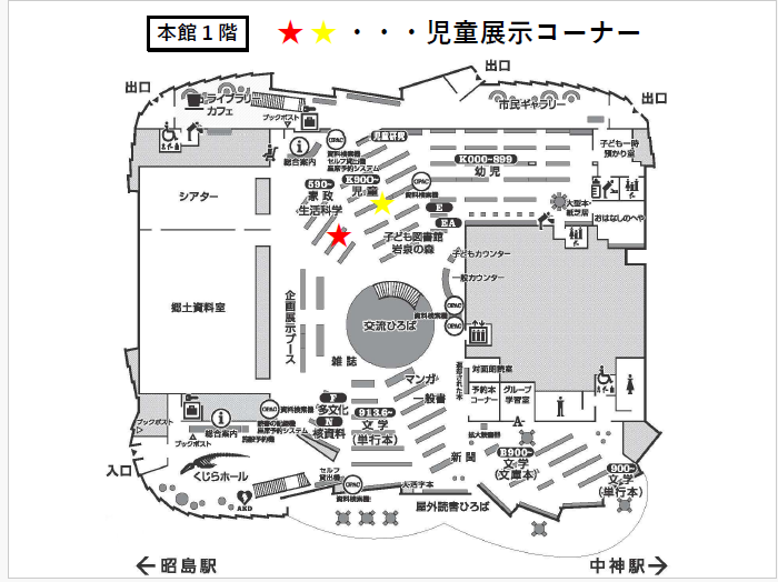 展示場所に赤と黄色の星印がついている館内案内図